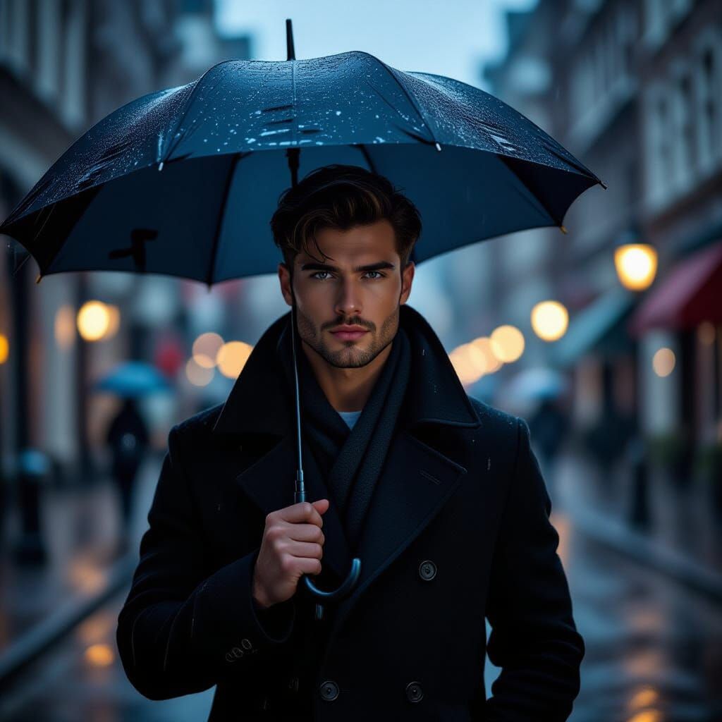 Handsome Man with Umbrella in Rainy Cityscape