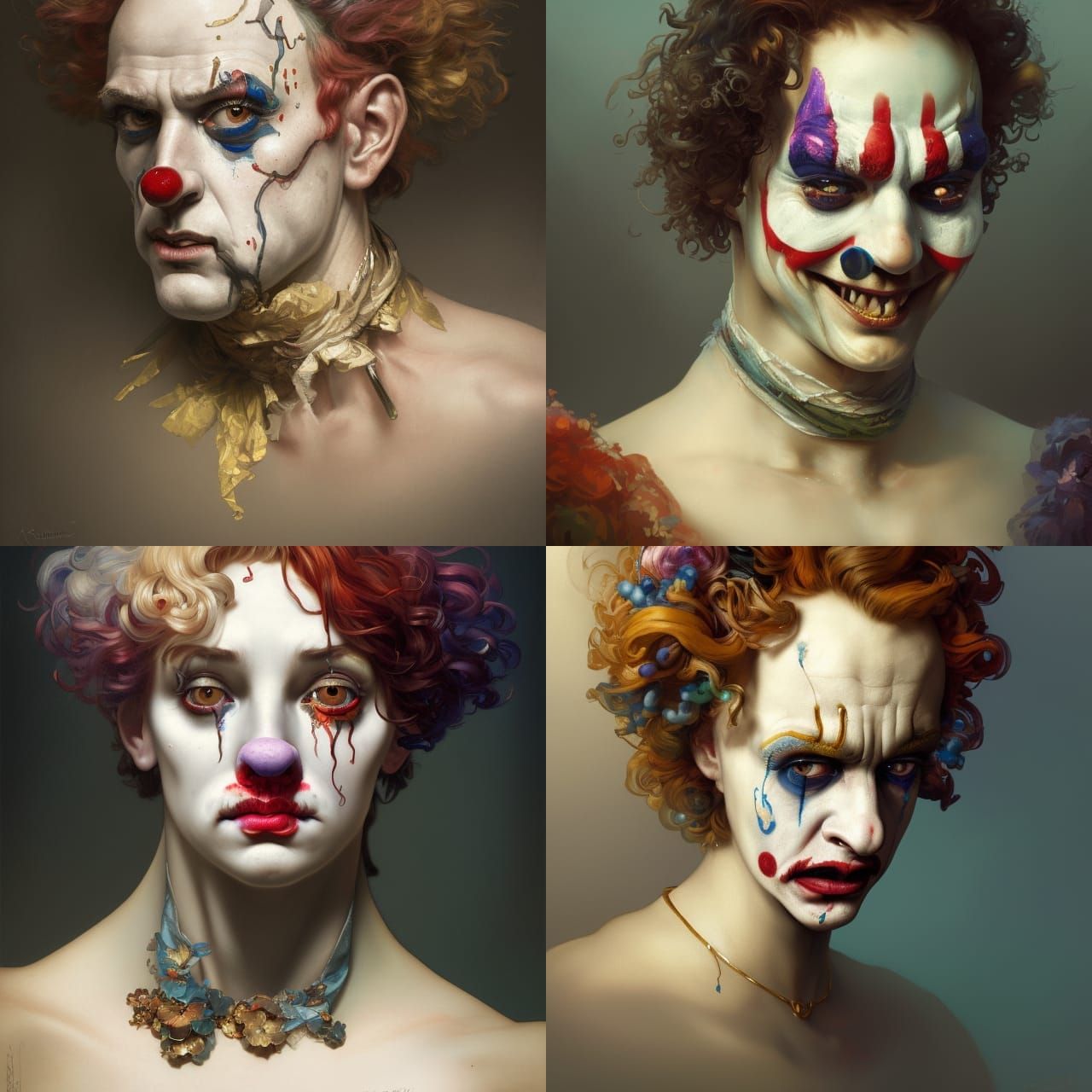 A head and shoulders portrait of sad clown on renaissance er...