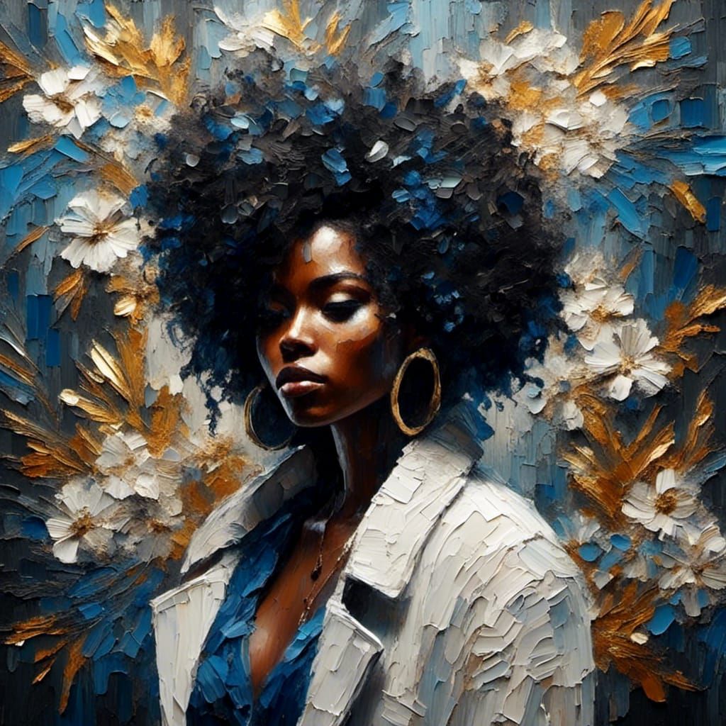<lora:Chiaroscuro:1.0>A beautiful iridescent abstract oil painting of a curvy black woman with medium curly black, blue and white hair dress...