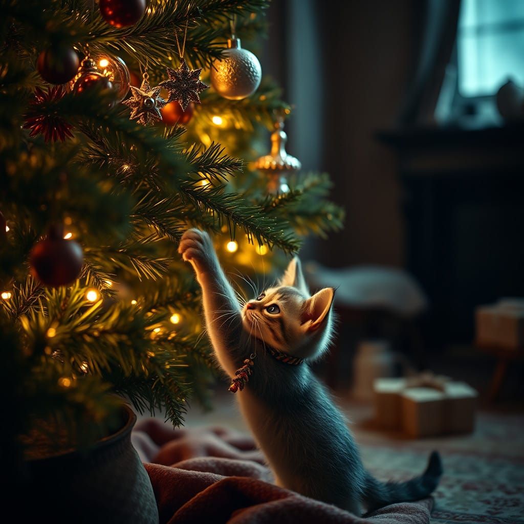 Kitten playing with the branches of a Yule tree   by @Dre