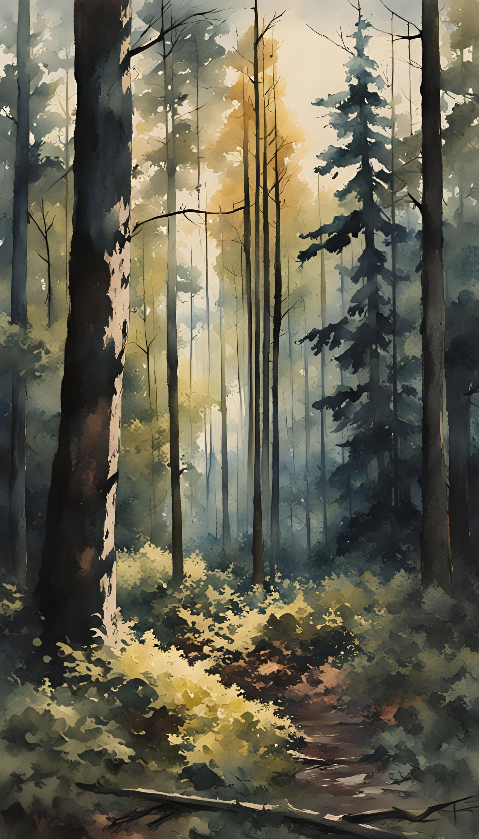 Sunlit Forest in Watercolor Painting Style