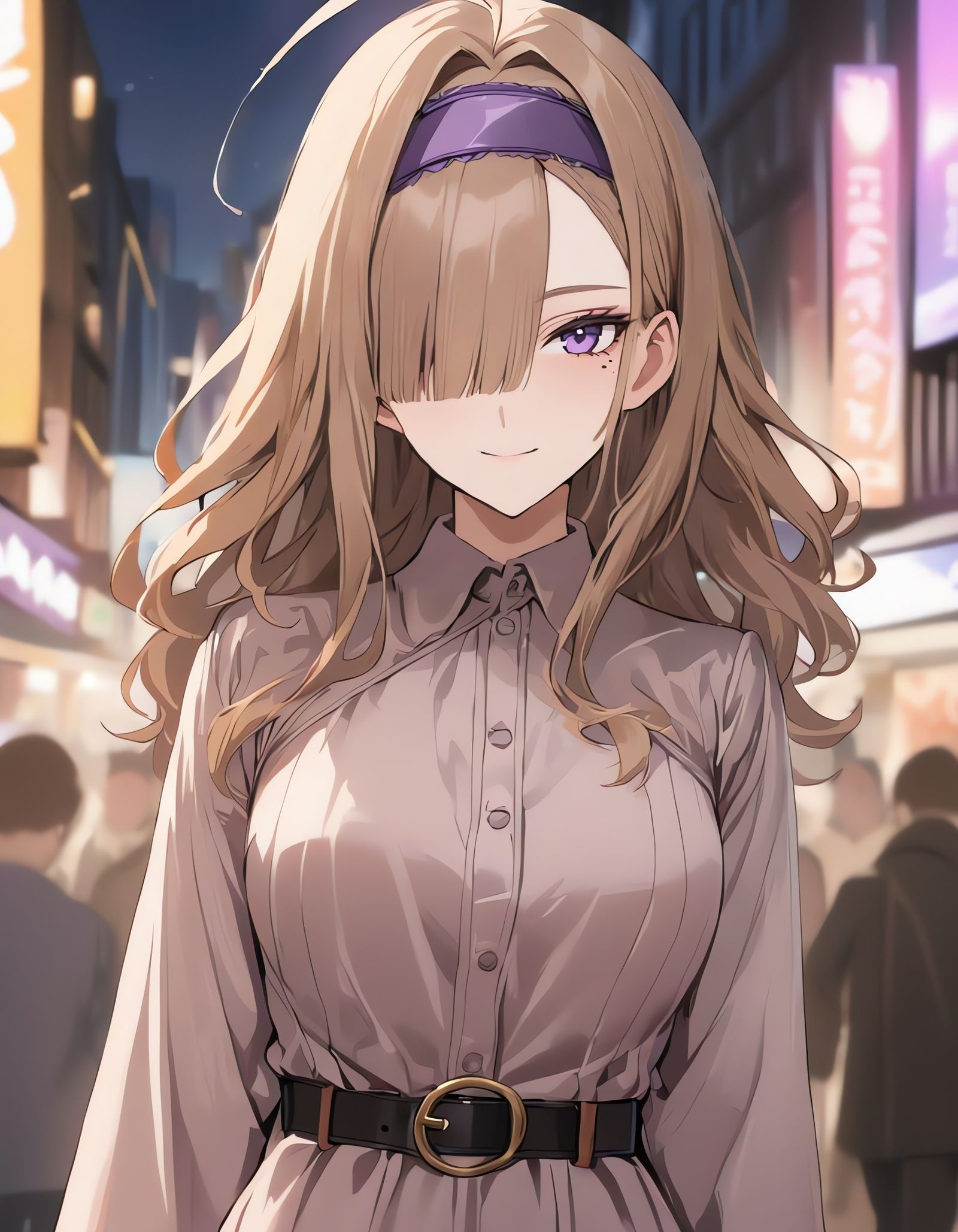 Girl in Beige Dress on Night City Street