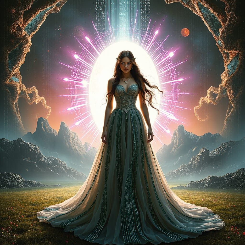A digital enchantress with a flowing gown of binary code stands before a shimmering portal, their eyes radiating an otherworldly glow. The b...