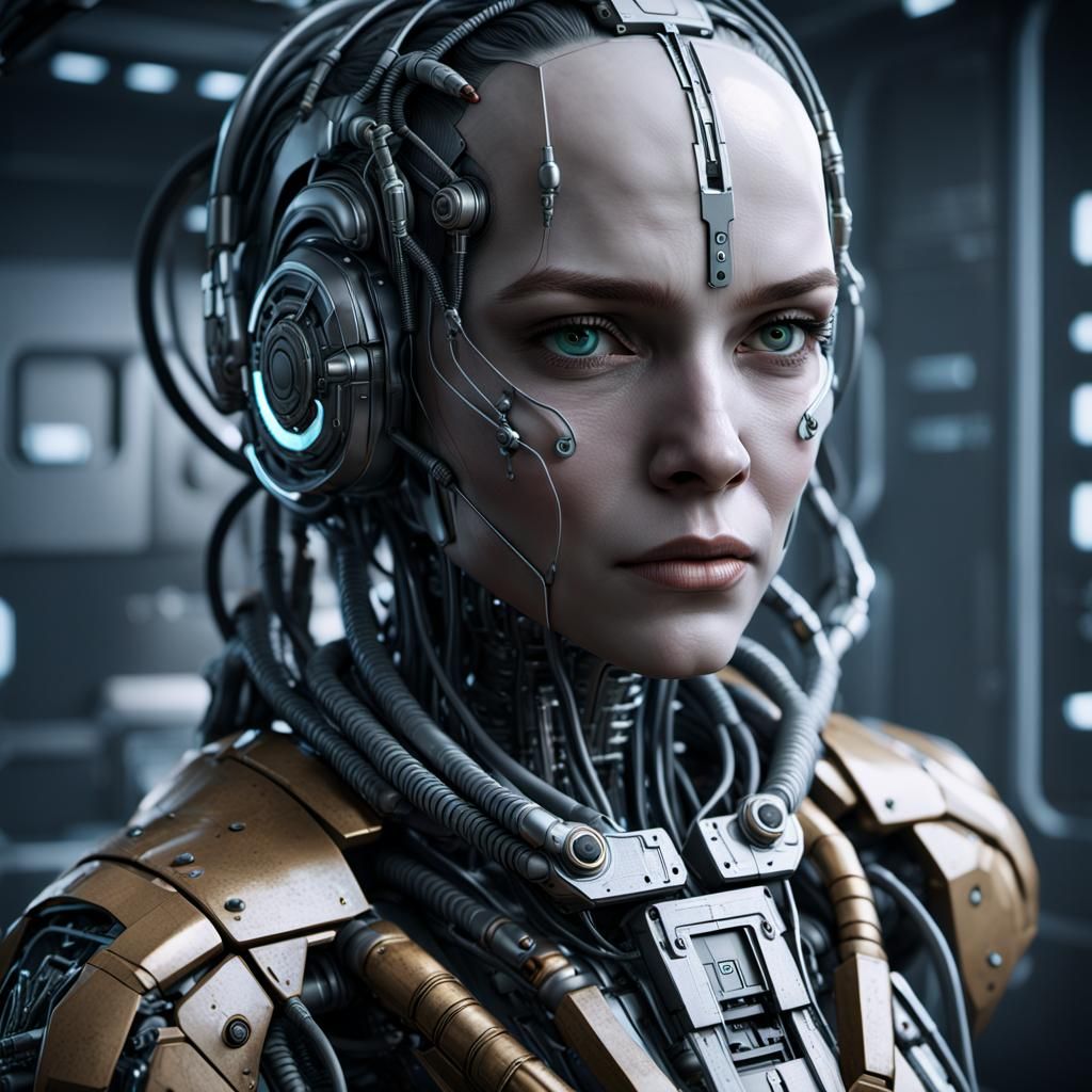 Android woman with cables attached to her head, undergoing c...