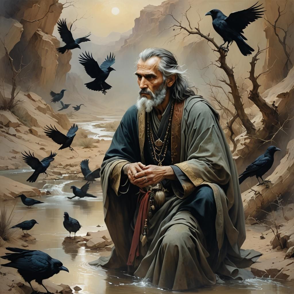  the prophet Elijah who is fed by crows under a stream in desert   by @Mapont