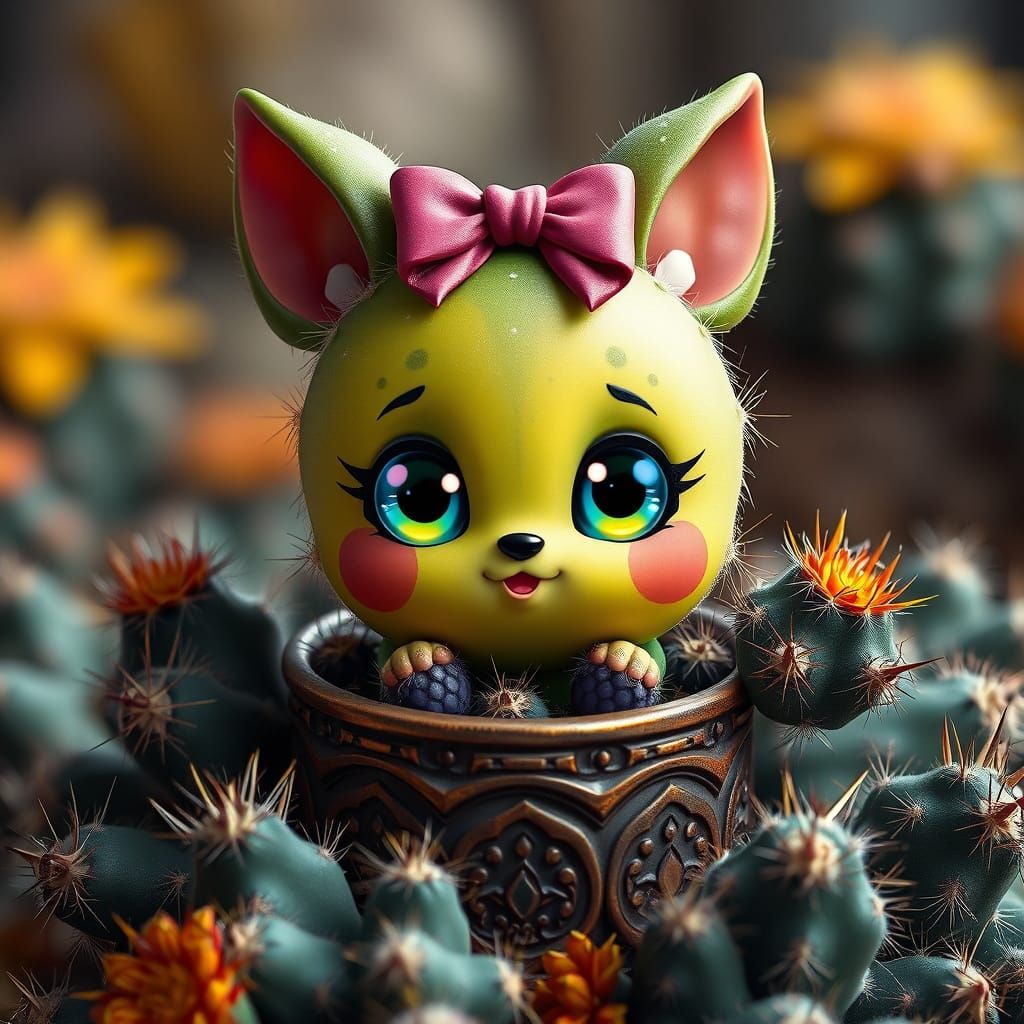 An adorable big multicolored eyed cactus character, she has ears like an animal, she has a cute bow on ...  by @HermioneSheHulkNinja
