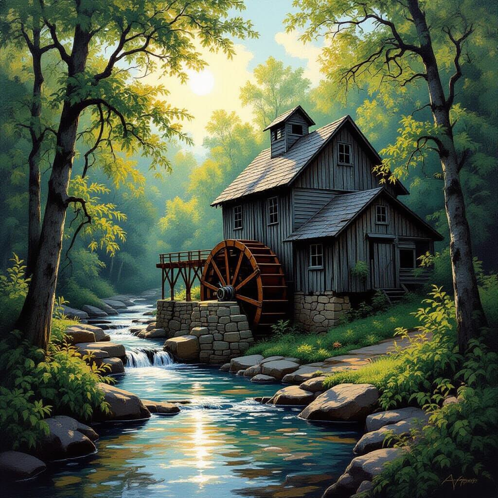 An old time saw mill with prattle wheel and mill house set on a Creek surrounded by over grown trees and bushes mid day with the sun shining...