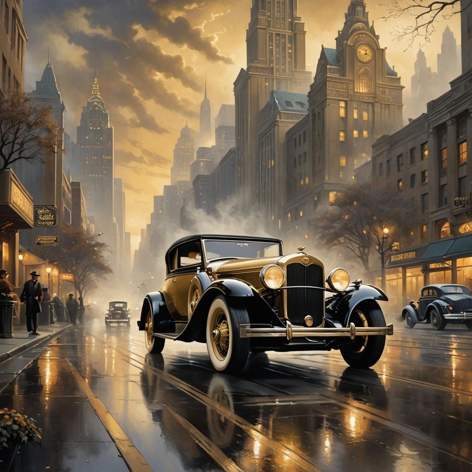 Art Deco poster, Young girl with oldtimer 1930 car,black and gold