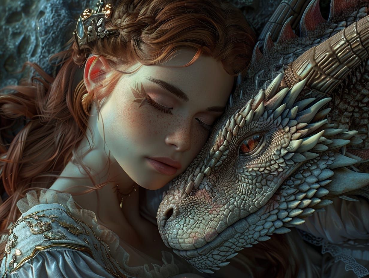 Tender Moment Between a Princess and Her Dragon