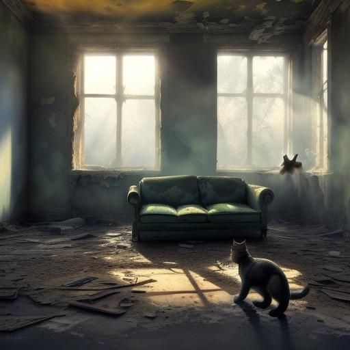 A living room in a hastily abandoned building, partially destroyed by war. Sunlight streaming inside through a broken window, a (single cat...