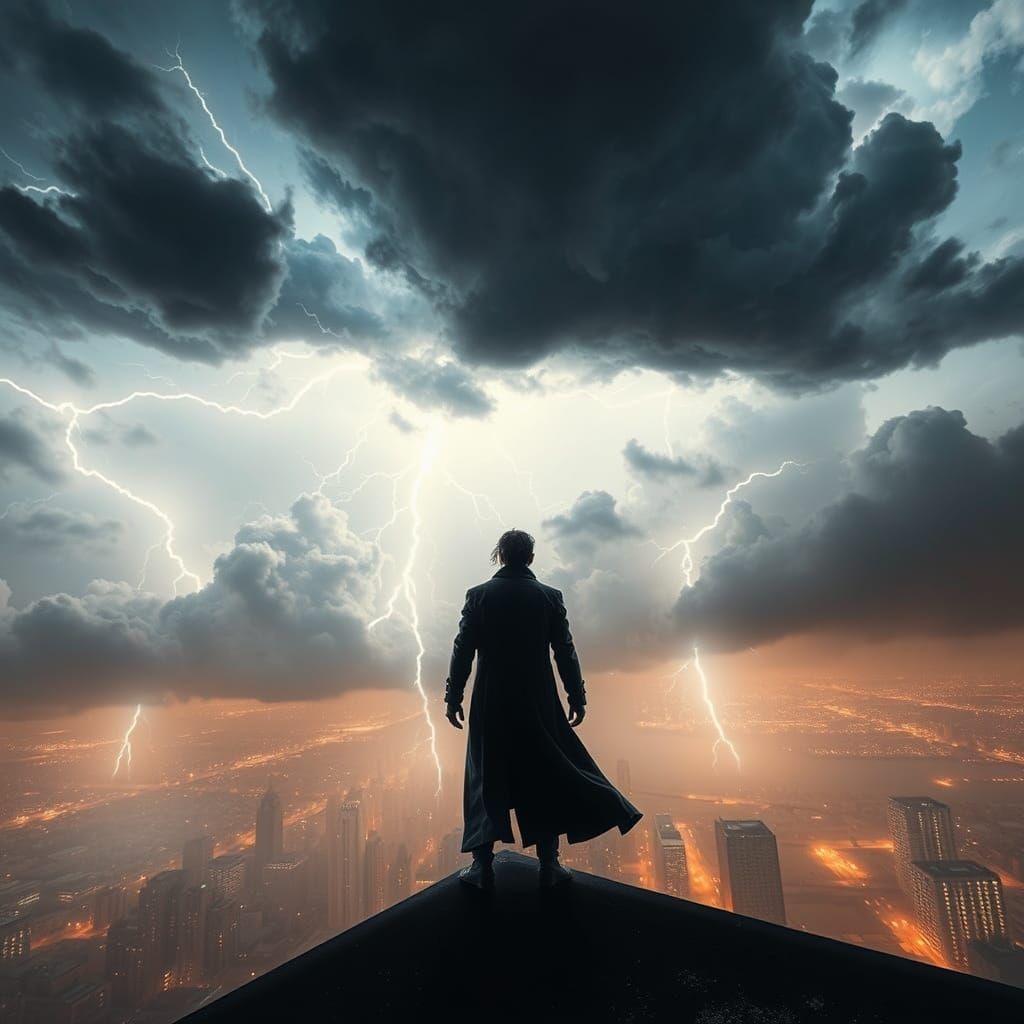 Heroic Figure Defies Stormy Cityscape