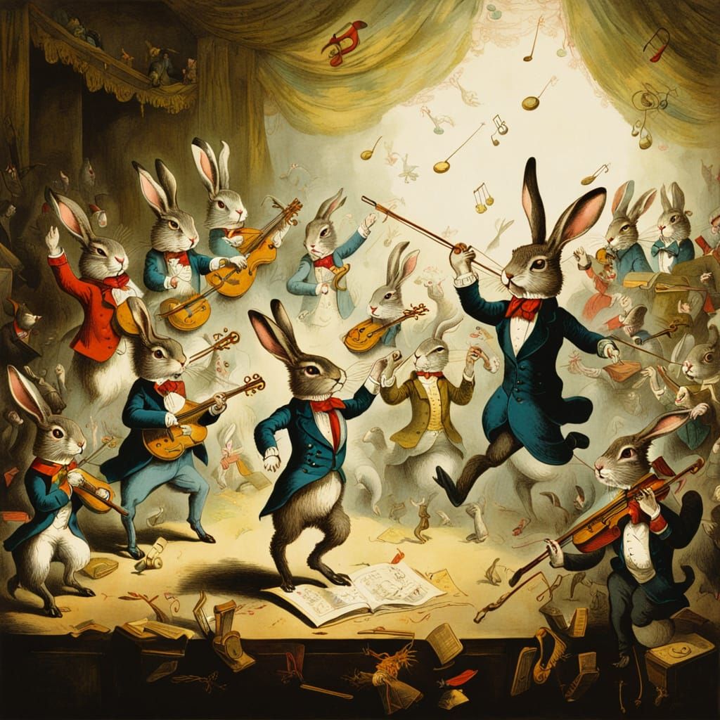 Baroque painting. A dramatic portrait of a rabbit dressed as a scientist, peering intently into a bubbling flask filled with cosmic dust. Or...