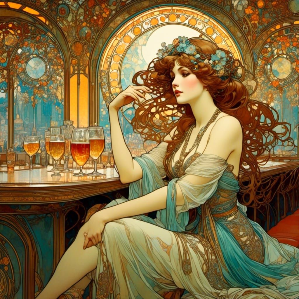 <lora:Art Nouveau Style:1.0> beautiful woman sitting in a bar, art nouveau style, art by Alfons Maria Mucha