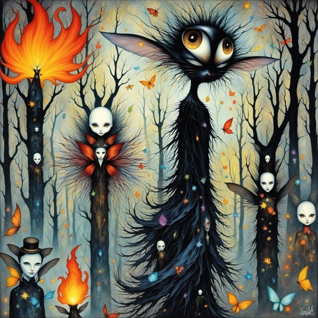 <lora:Flame Dusklings:1.0>  Flickering crackles  of  fire fey creatures in the dusk, a cat-like fairy rabbit fey with piercing eyes and goss...