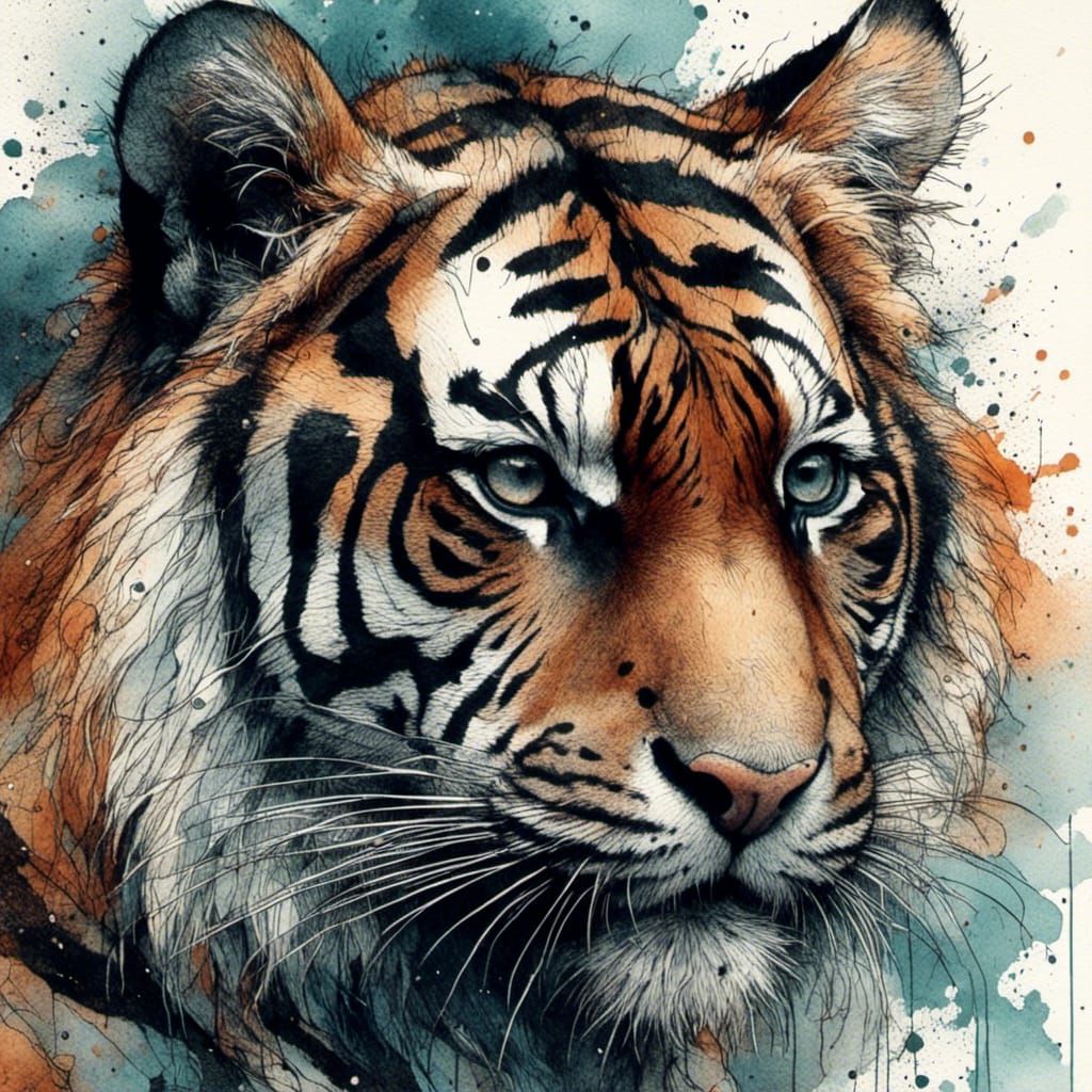 <lora:HRH-moody-ink:1.0> hyper detailed, ink and watercolour, a moody, beautiful tiger portrait , high definition, 4k, outline in ink 