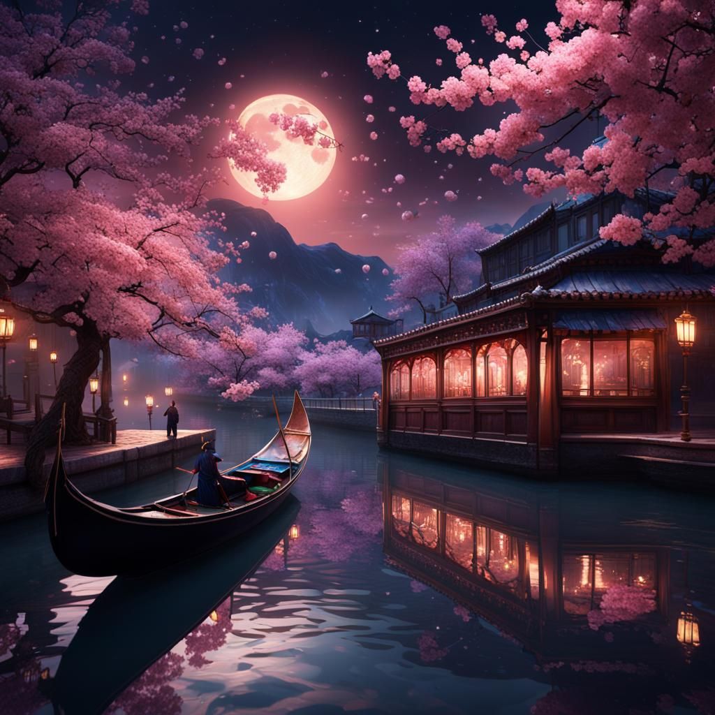 Cherry Blossom with a river reflecting it in a moonlit night with a venetian Gondola flowing through ...  by @SoulPrincess