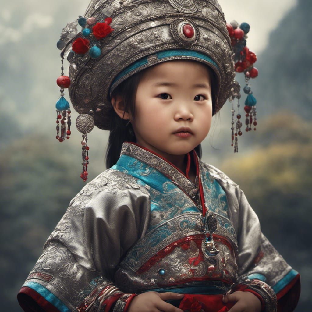 A little chinese minority ethnic Miao toddler girl, traditional silver ...