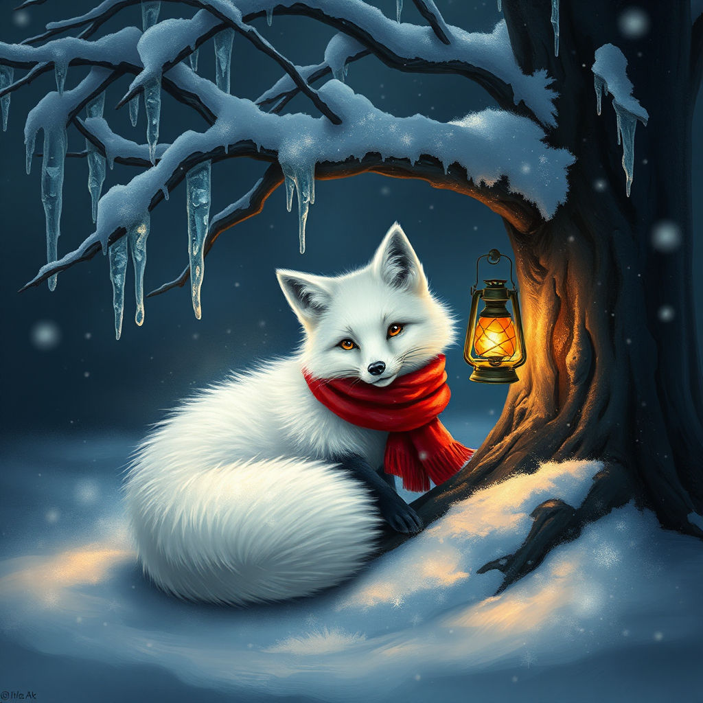 A Snow White Fox under a Tree