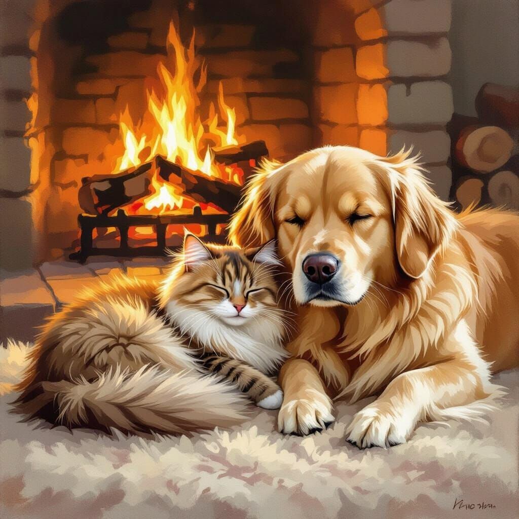 Cozy Cat and Dog Scene by Fireplace in Painterly Style