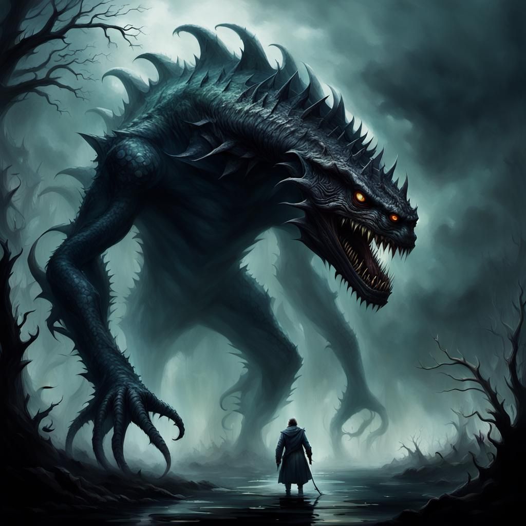 Suddenly, monstrous creatures emerge from the fog. They are tall and slender, with sharp claws and dark, ...  by @Vin Anz