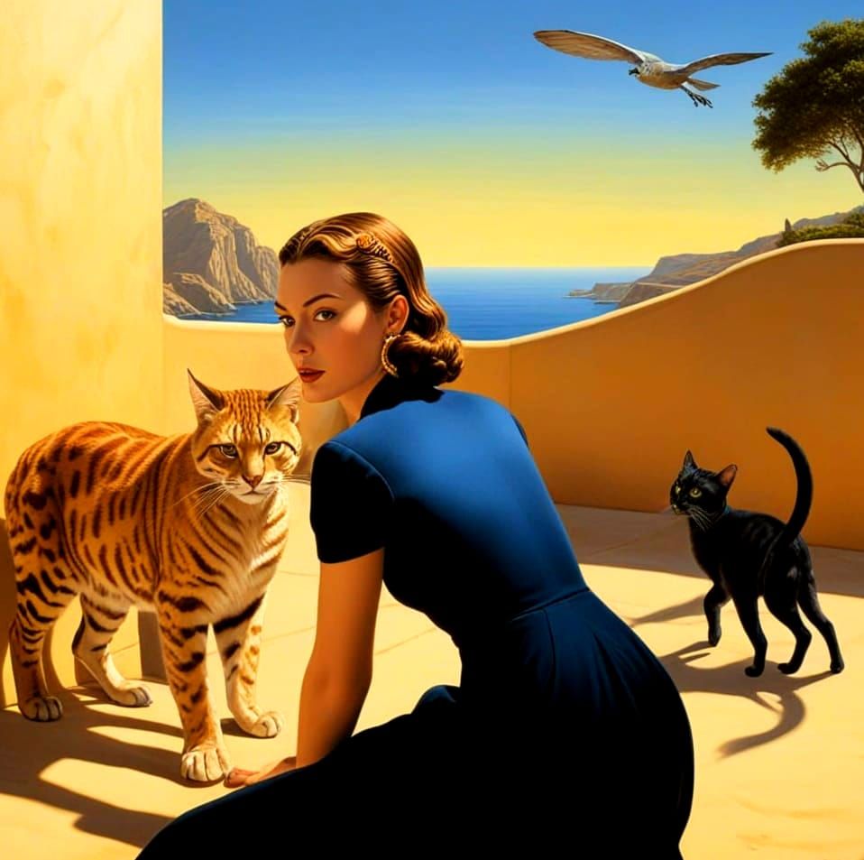 Surrealistic Scene of Happy Ladies with Whimsical Cats