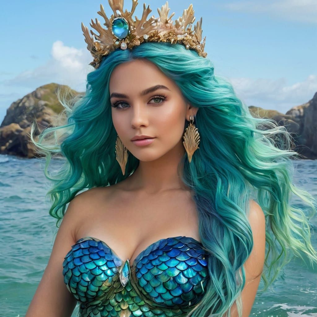 A mermaid queen with flowing ocean-colored hair