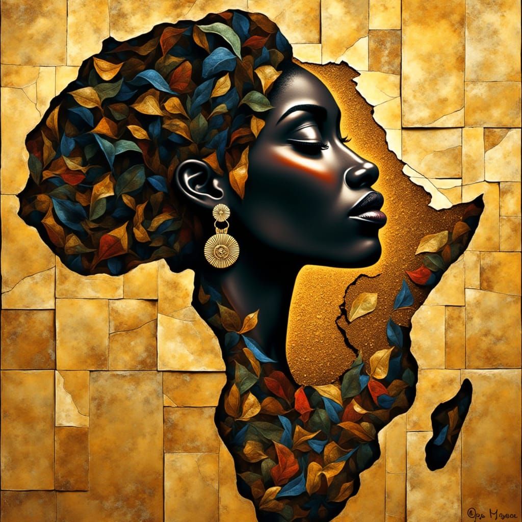  <lora:MarvModel:1.0>

striking digital art that blends an abstract map of Africa with the profile of a Black GOD. The silhouette of the wom...