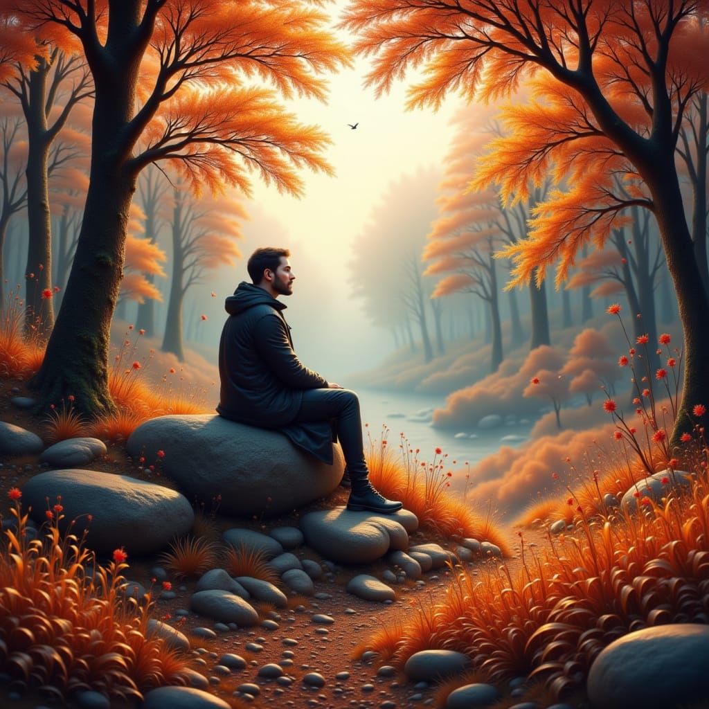 A man sits on a big stone in the autumn forrest