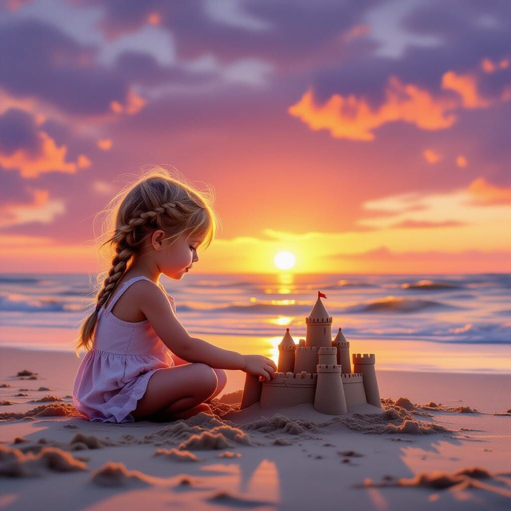 Hyperrealistic Sandcastle Sunset with Blonde Girl