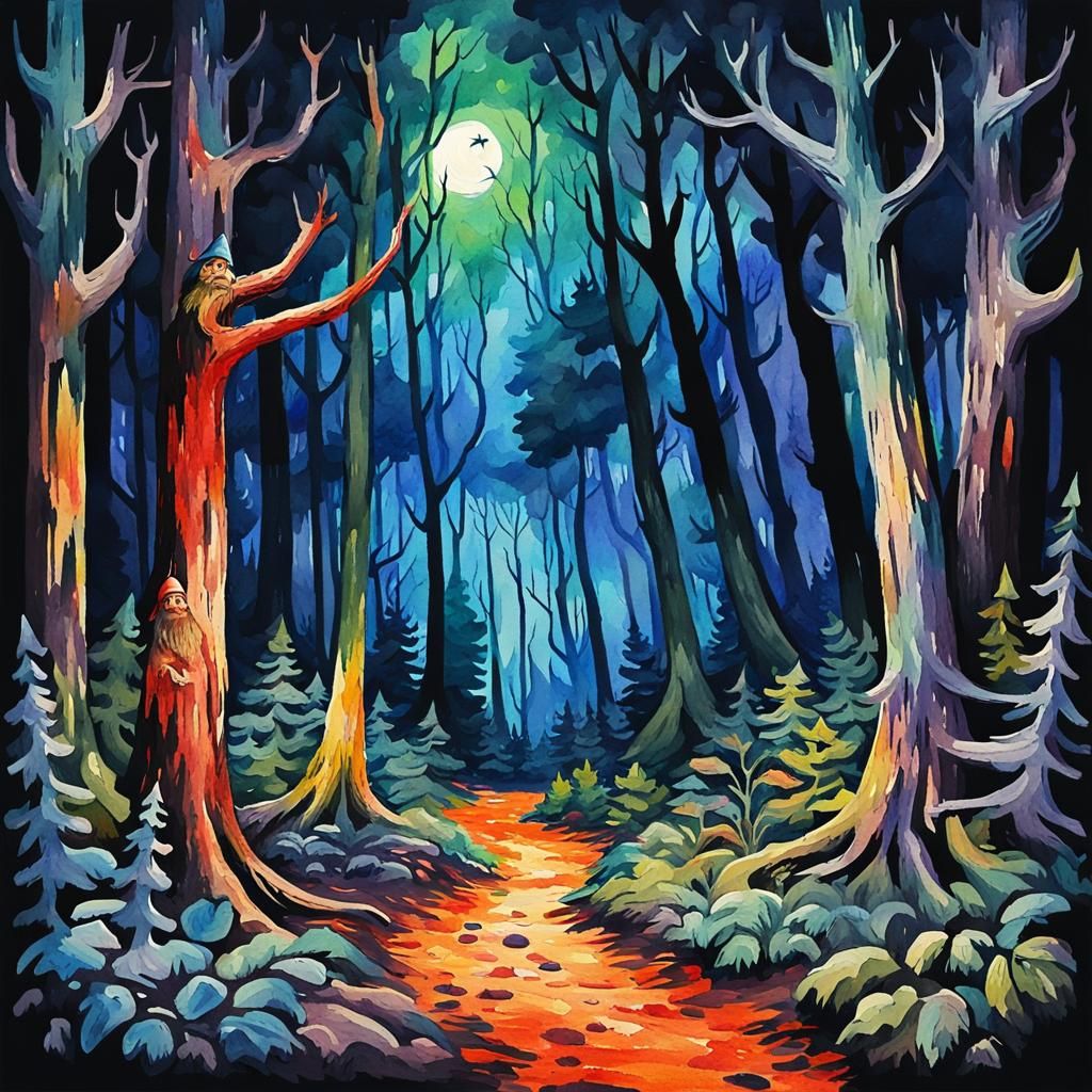 Gnome creeping through a dark and scary forest in a watercol...