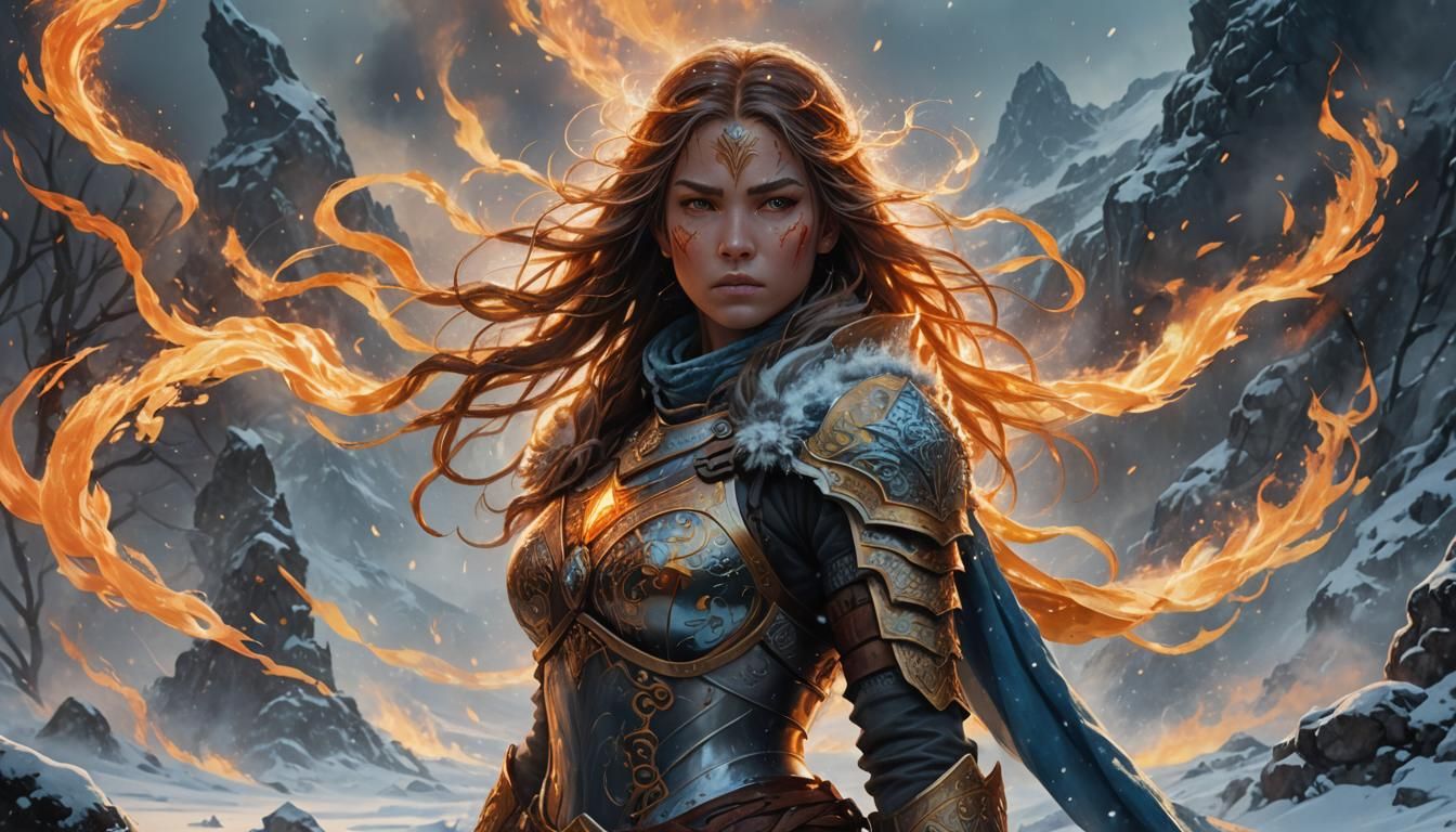 Fiery Warrior in Winter Landscape, Fantasy Art