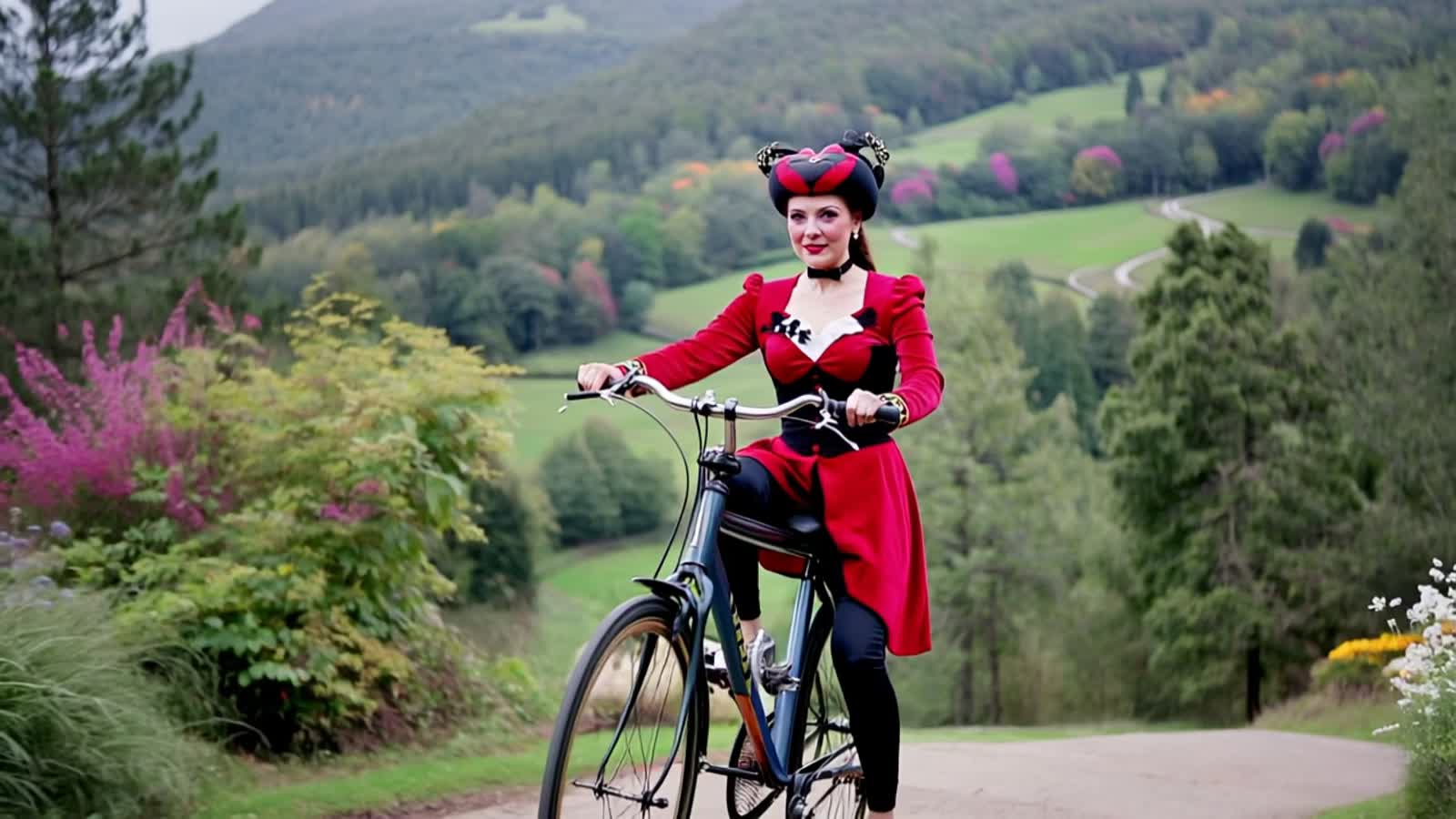 Queen of hearts from Alice in wonderland is riding a vintage bicycle.
