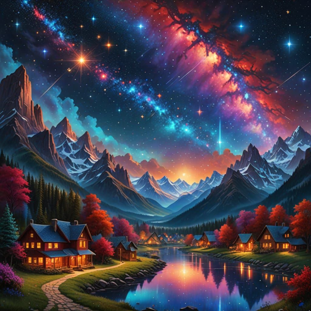 Night Sky over Mountain Village  by @Chemistry