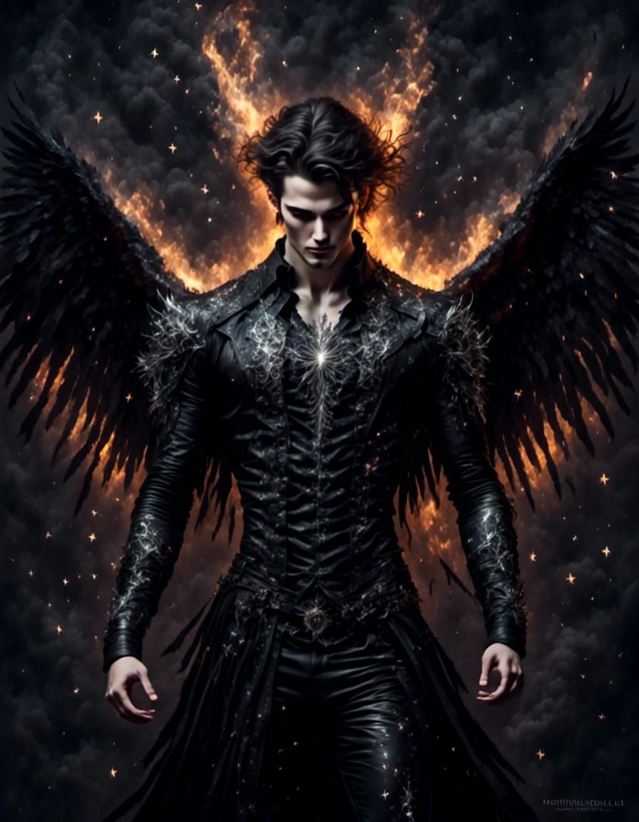 <lora:Beautiful Visions:1.0> <lora:Glitter sparkle star:1.0> <lora:Metal as punk duck:1.0> Metalhead angel with swirling silver flames and s...