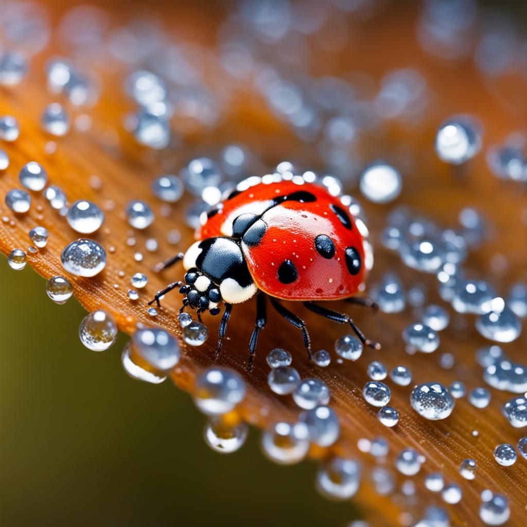 a tiny ladybug covered with dewdrops, extreme close-up, macro shot, sharp focus, depth of field, 8k photo, ...  by @SelmaTeacher7
