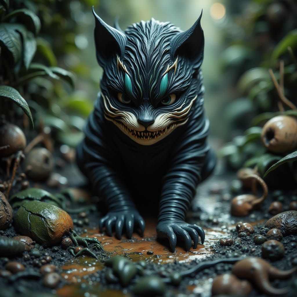 <lora:-Savagela-:1.0>  Grunge, ultra-detailed, raw conceptual scene ▪ A tiny version of the Cheshire Cat as a ninja, stealthily sneaking tow...