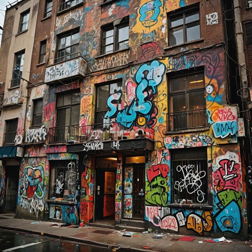 Luxurious Building with Vibrant Graffiti in Surreal Style