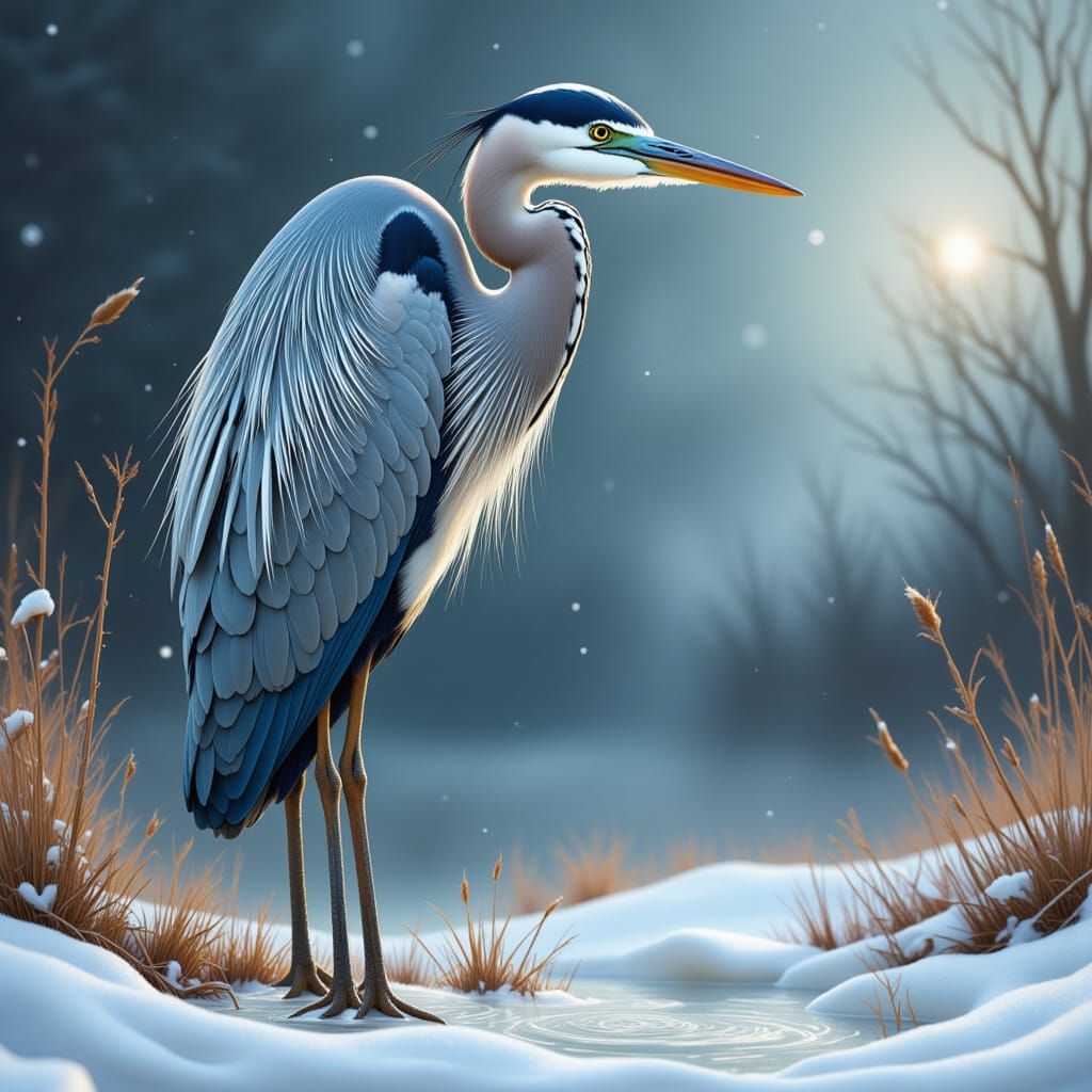 <lora:Heron:1.0>winter snowy wildlife endangered heron tim flach style