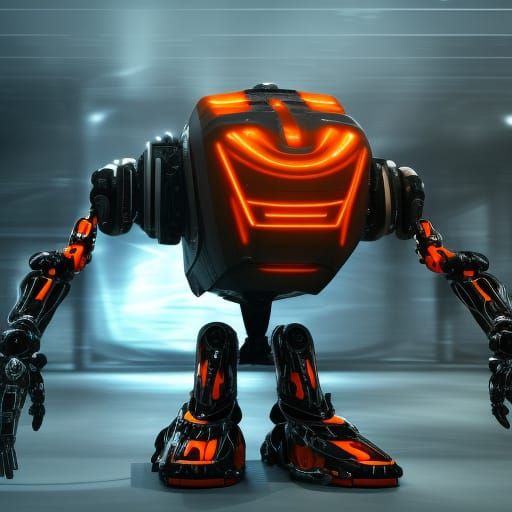 robot monster with green eyes and orange legs