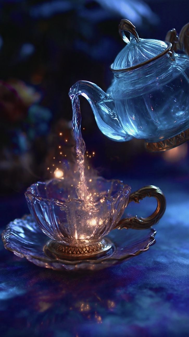 An enchanted teapot, pouring sparkling magic vibes {midjourn...