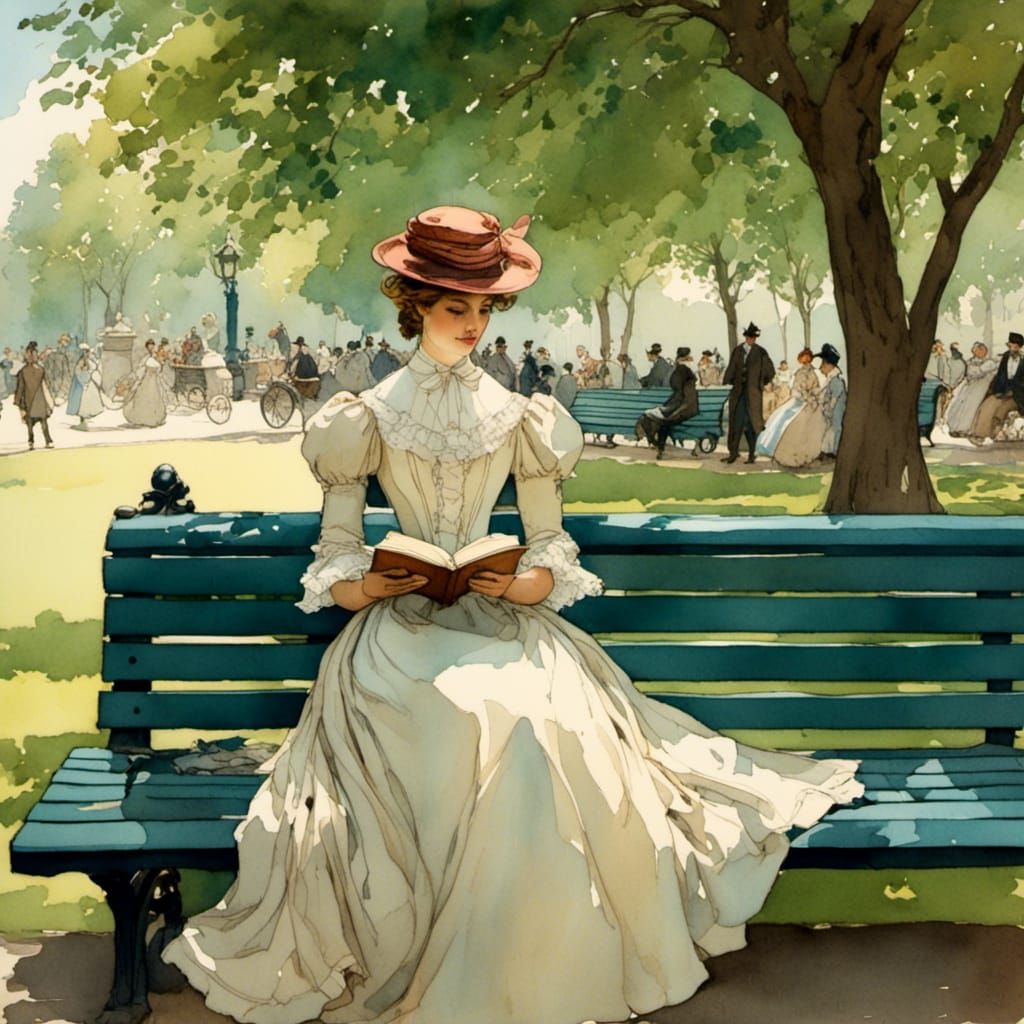 Woman in 1800s style dress sitting on a park bench in a busy...