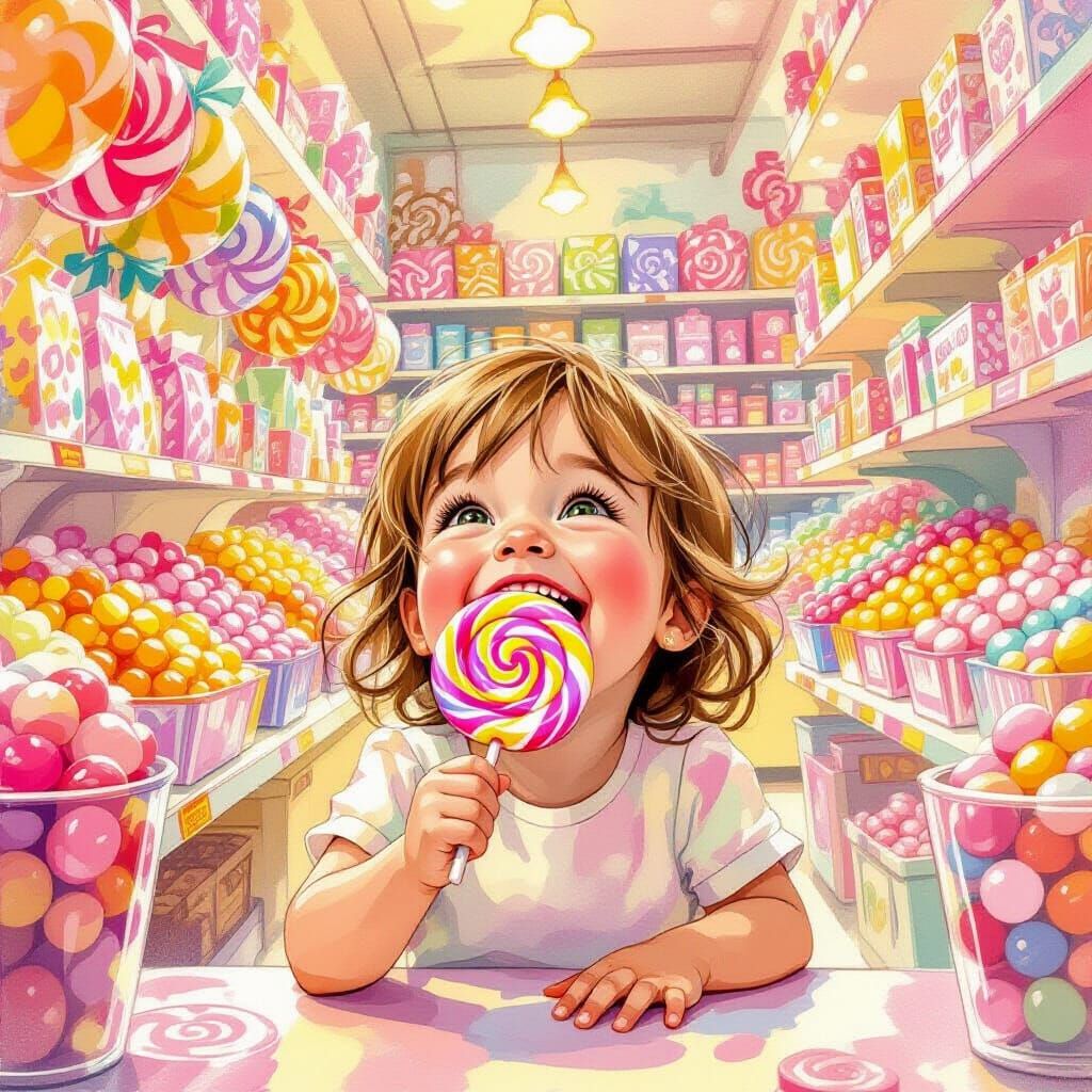 Joyful Child Eats Giant Lollipop in Whimsical Candy Shop
