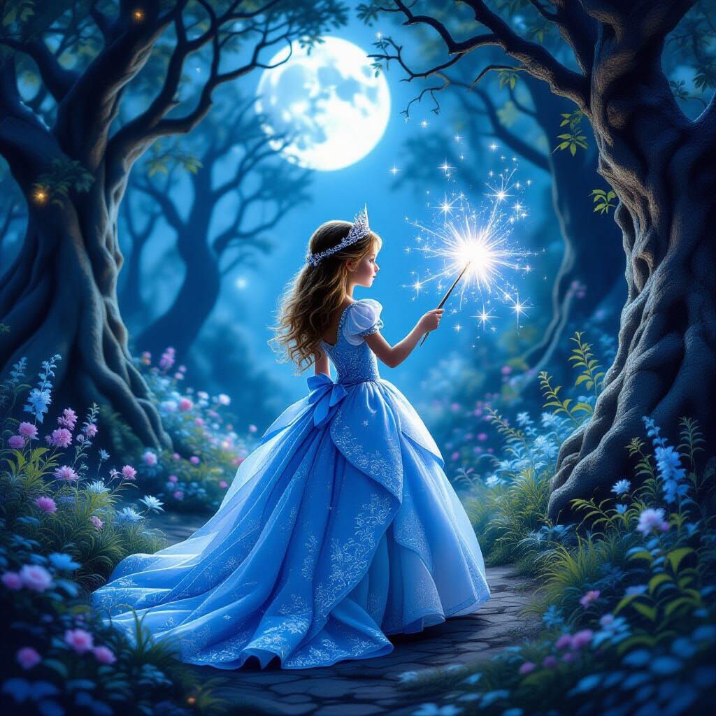Girl in Enchanted Forest with Glowing Wand