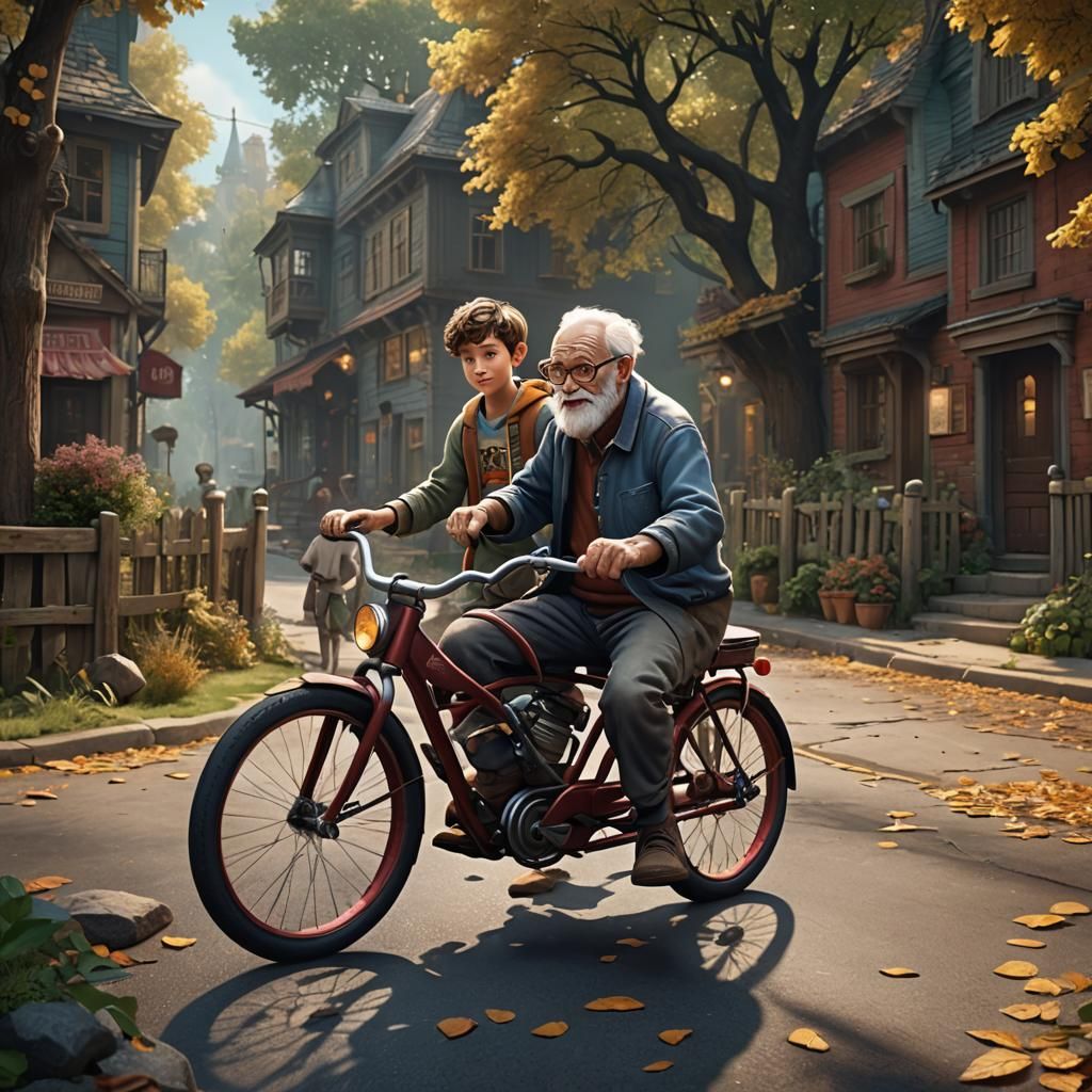 grandpa teaching grandson how to ride a bike - AI Generated Artwork ...