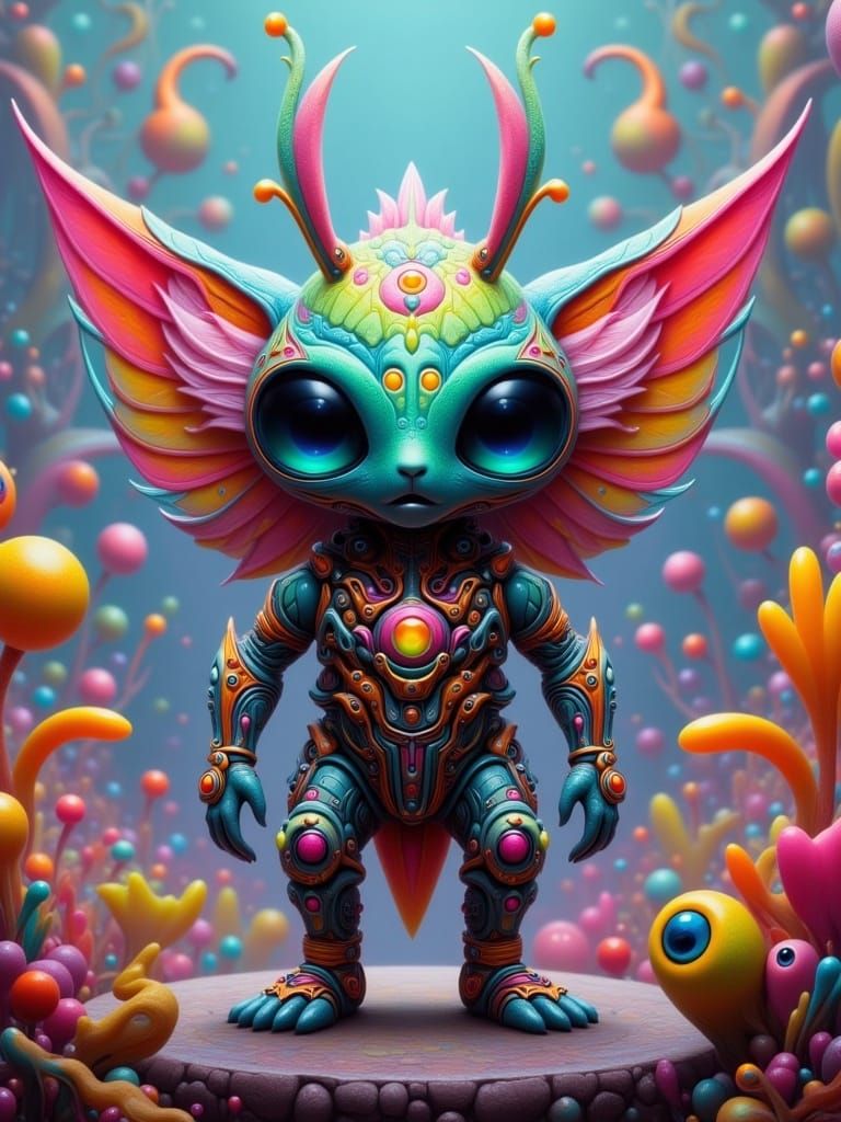 A cute grumpy cyberpunk android, alien flora, detailed, cinematic fantasy <lora:Whimsical alien Flux:1.0> 