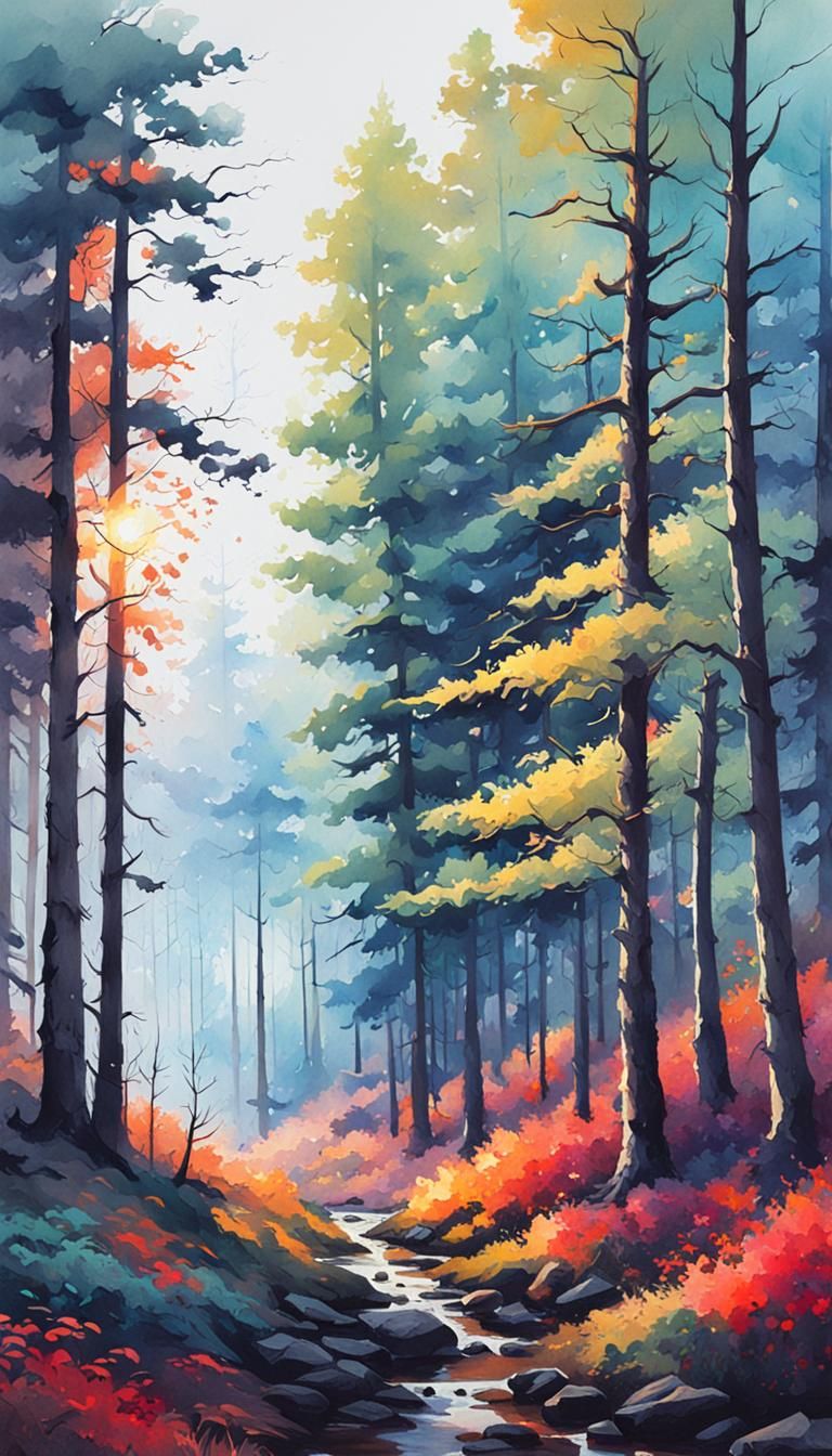 Vibrant Forest Watercolor Painting with Brush Strokes