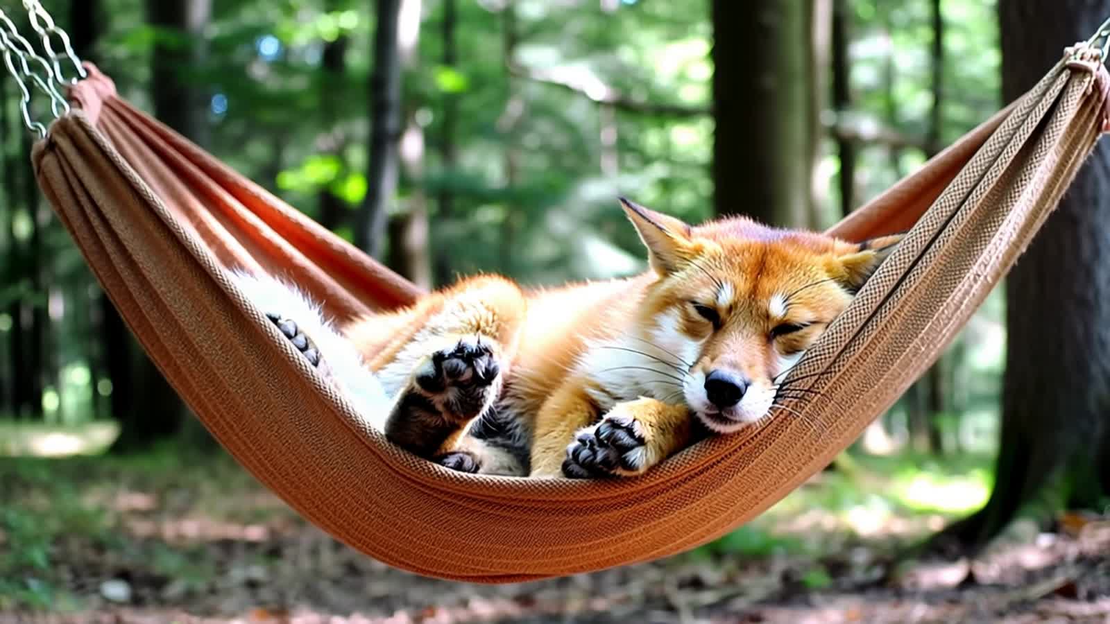 Relaxed Fox sleeping in a hammock, stretches and yawns