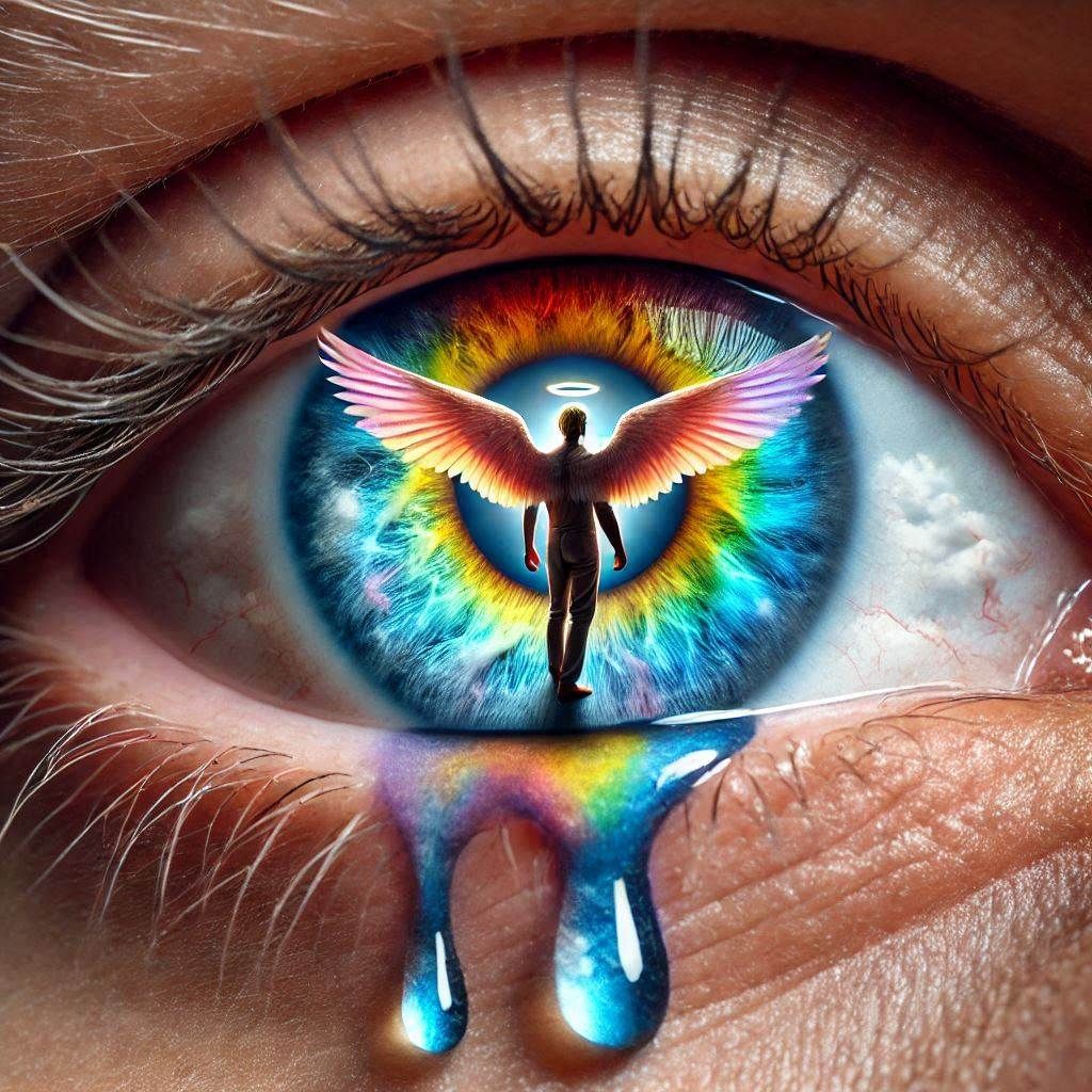 Macro close up shot of a person with open eye with rainbow t...