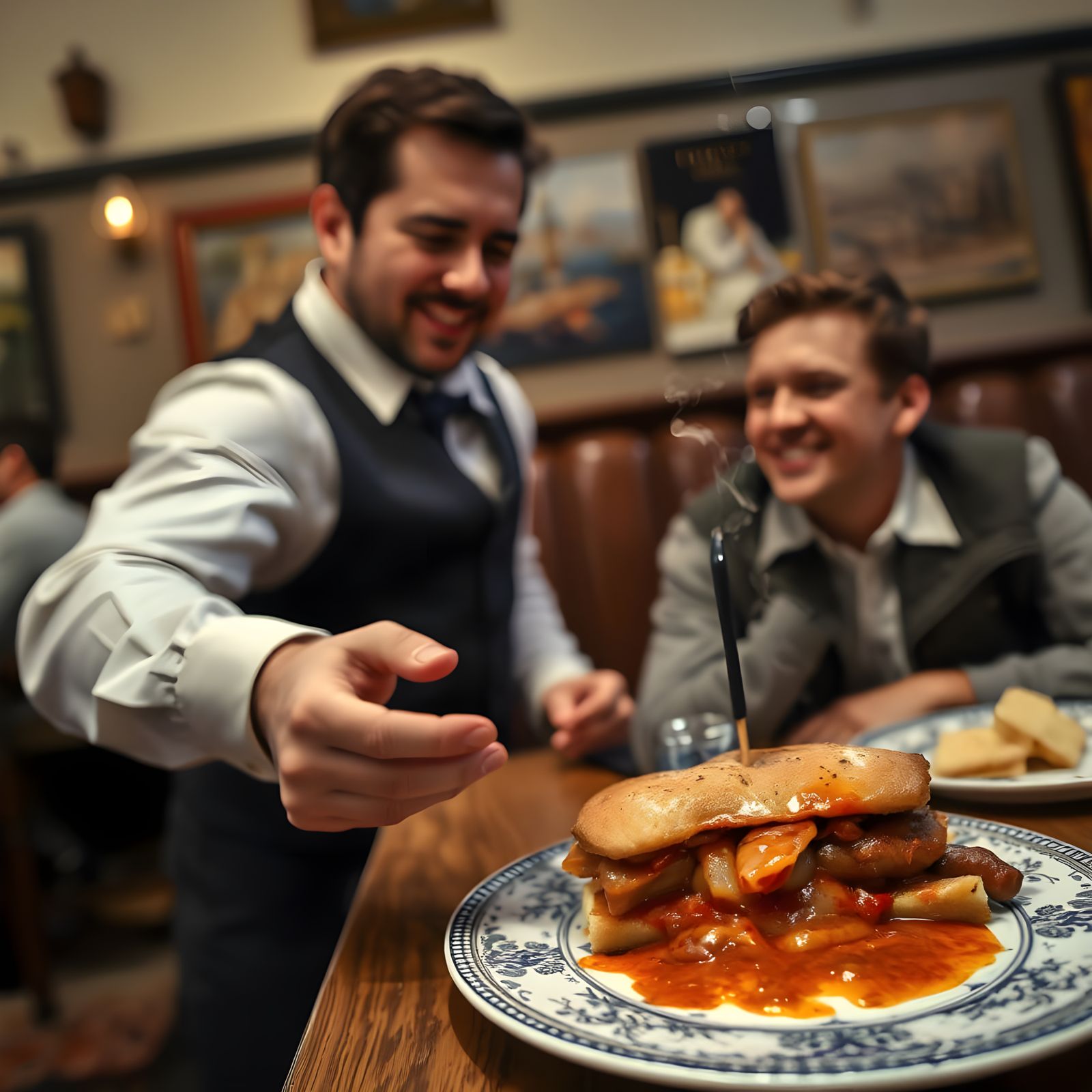 Portuguese Waiter Serves Francesinha Sandwich in Restaurant