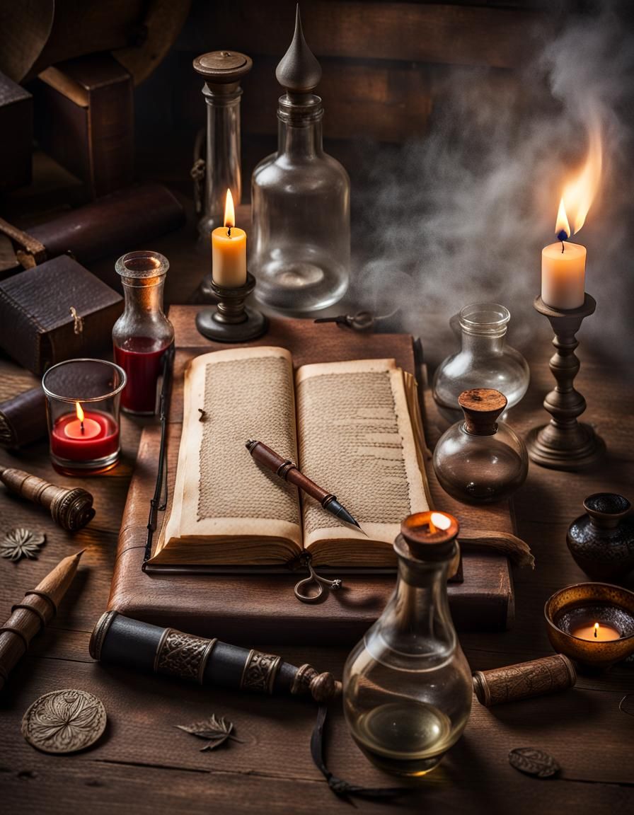 medieval wizard's study, quill, ink, candle, parchment, glass flasks ...